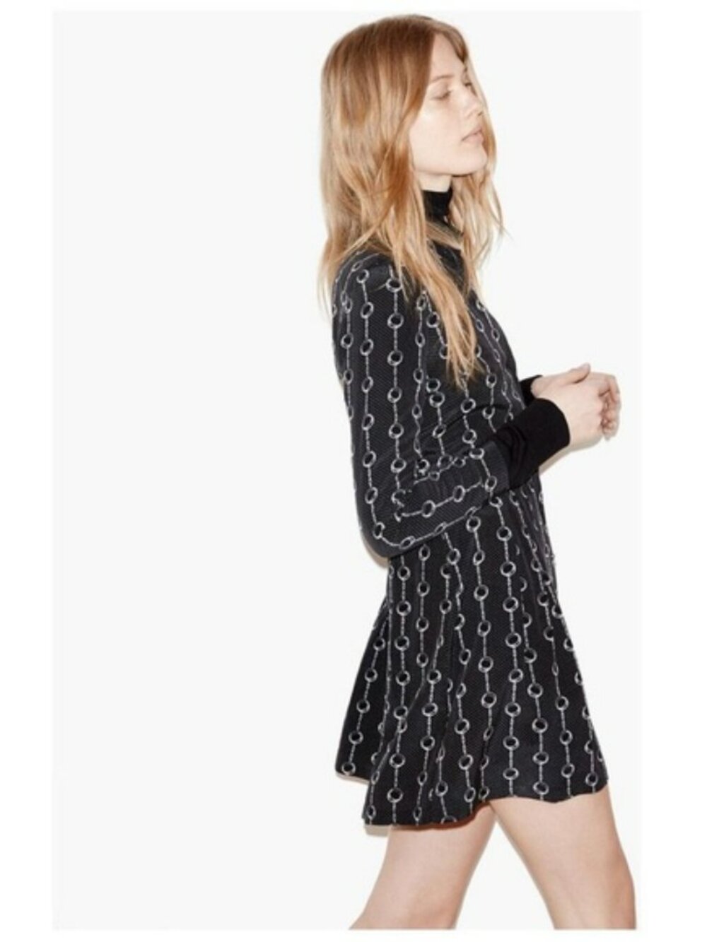 The Kooples Black Silk Mini Shirt Dress XL* Cuffs Print Long Sleeve Pleated Edgy
